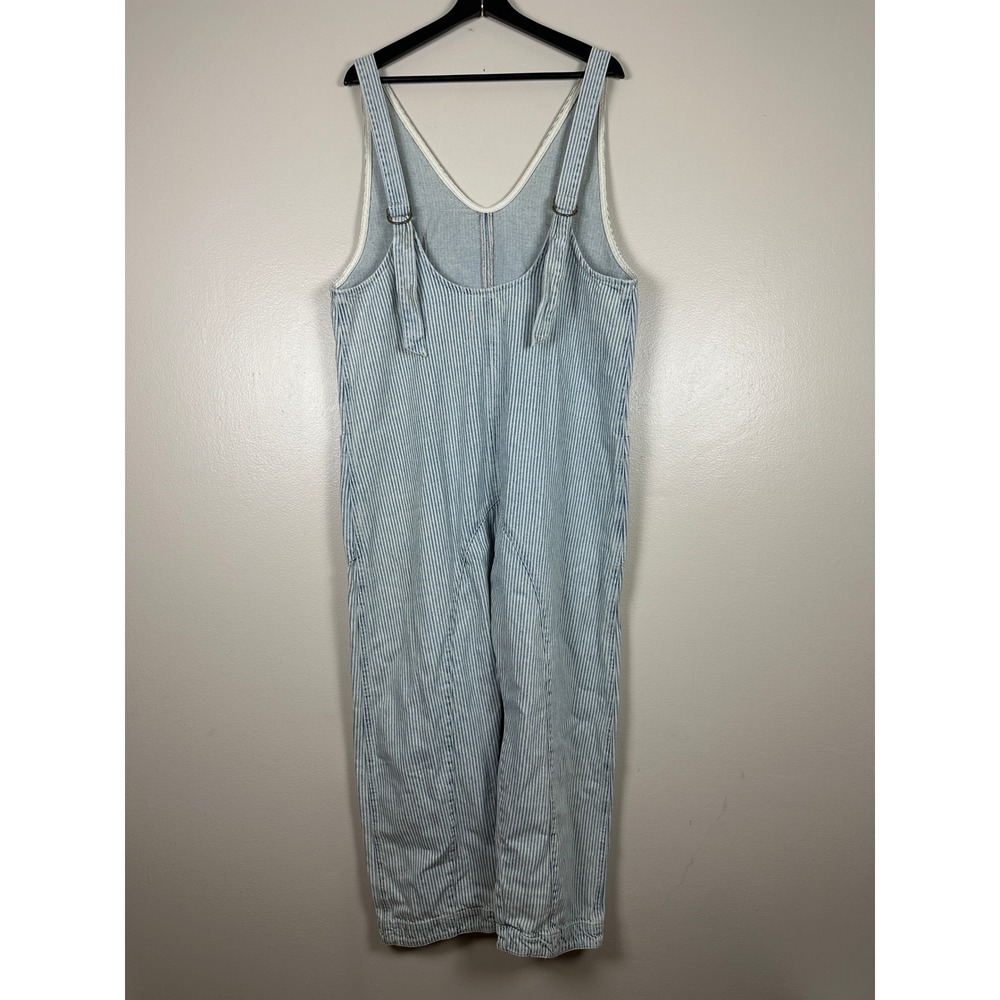 We The Free Women's Medium Overalls Blue White Hickory Stripe Wide Leg Boho